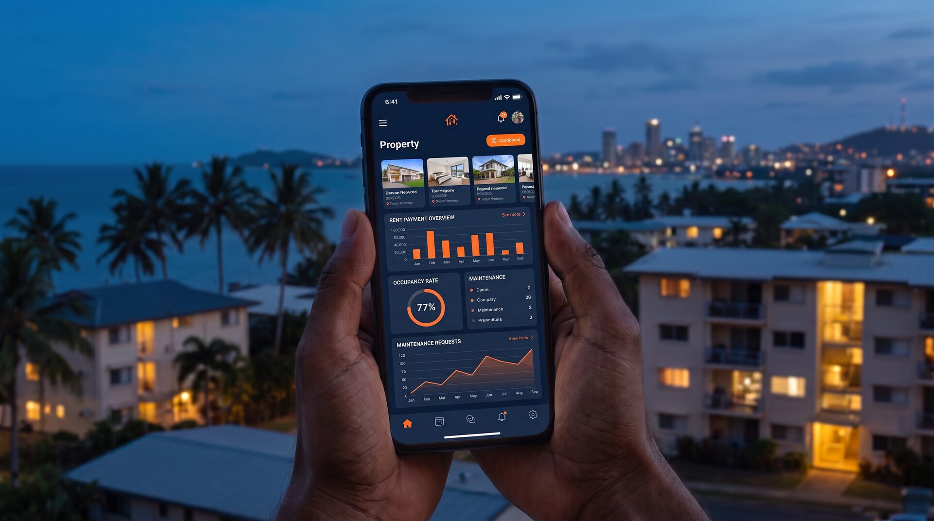 RENTnDASH property management app on a phone in Port Moresby